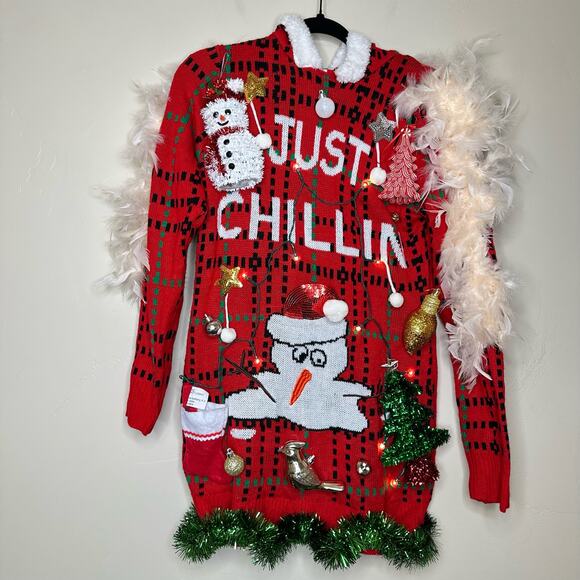 Ugly Christmas Sweater Dress Tunic Snowman LIGHTS UP Tinsel Xmas Party Winner - Picture 1 of 5